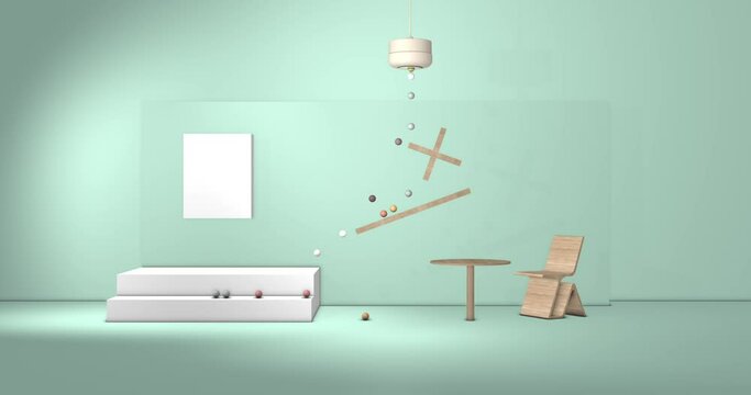Geometric composition with table and chair modern style rendered in 3d, movement of balls.