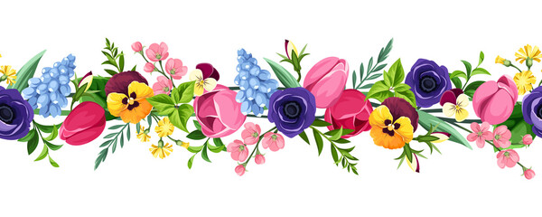 Vector Horizontal Seamless Border With Pink, Purple And White Roses, Lisianthus Flowers And Lilac Flowers Wall Mural-naddya