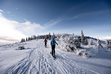 Mountaineer backcountry ski waling in the mountains. Ski touring in high alpine landscape with...