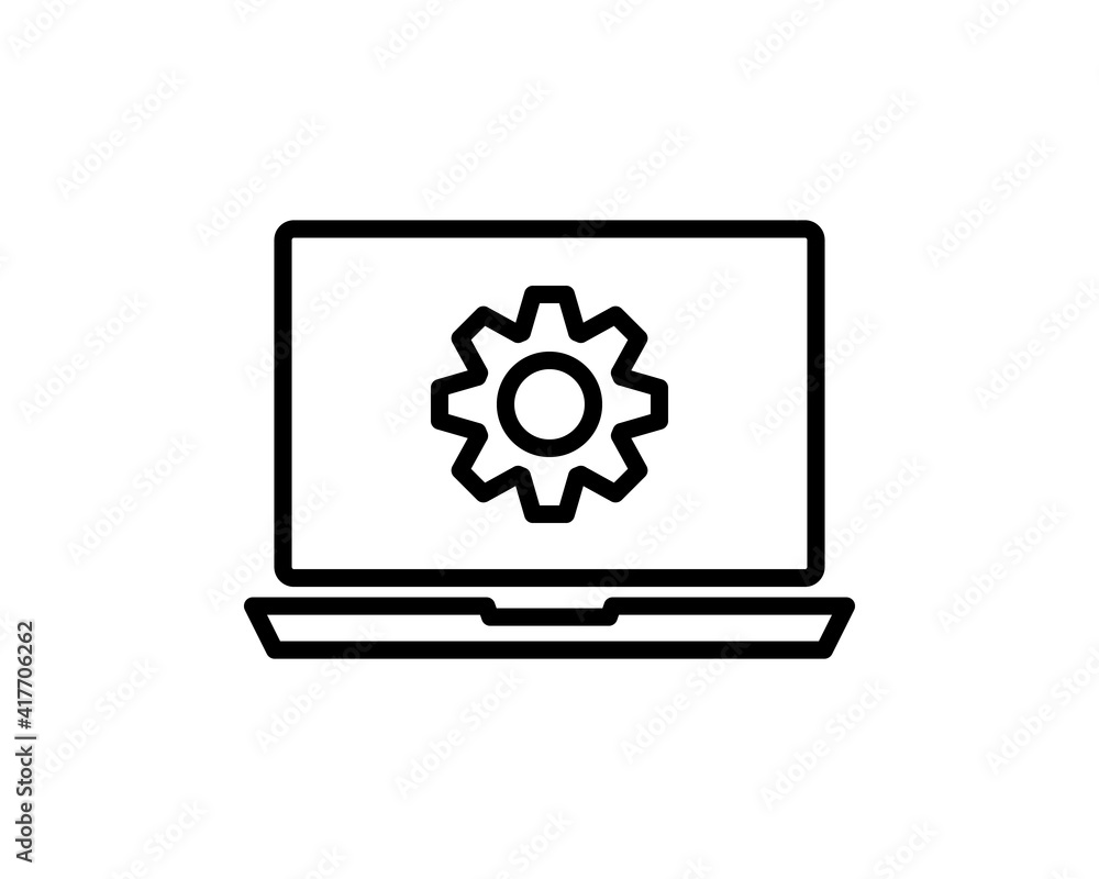 Poster laptop and gears icon with update screen. update process, install new software, operating system, up