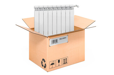 Heating radiator inside cardboard box, delivery concept. 3D rendering