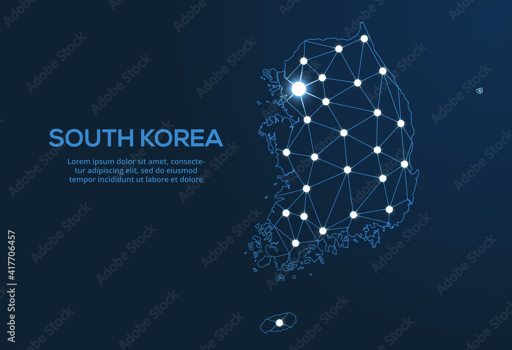 Poster south korea communication network map. vector low poly image of a global map with lights in the form
