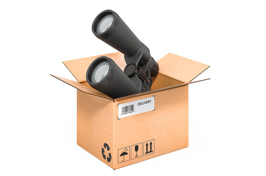Binocular telescopes inside cardboard box, delivery concept. 3D rendering