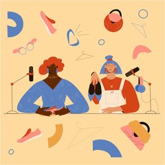 Podcast or radio concept about style, clothes and fashion. Two females talking about fashion, microphone and headphones set, fashion symbols. Live podcast, broadcasting.