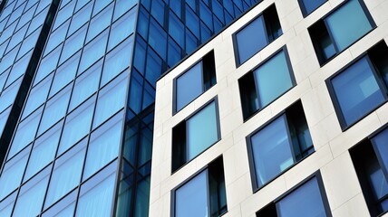Fragment of glass and metal facade walls. Commercial office buildings. Abstract modern business architecture.