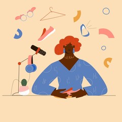 Podcast or radio concept about style, clothes and fashion. Female afro american host talking about fashion, microphone and headphones set, fashion symbols