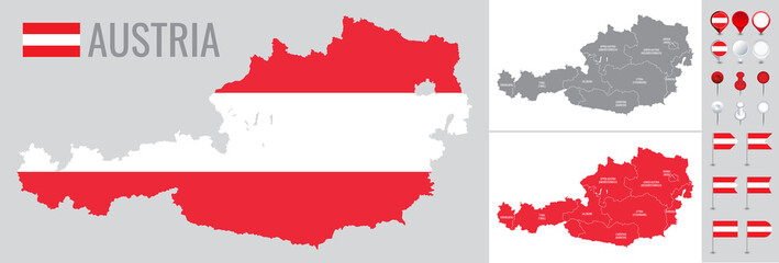 Austria vector map with flag, globe and icons on white background