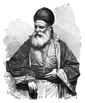 Maronite Christian priest, Syria.Culture and history of Western Asia. Vintage antique black and white illustration. 19th century.