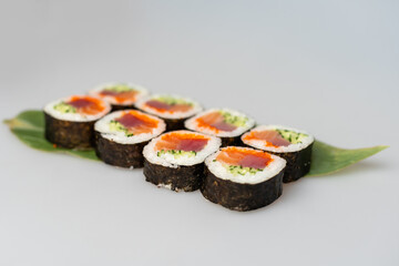 Overhead japanese sushi food. Maki ands rolls with tuna, salmon, shrimp, crab and avocado. Top view of assorted sushi, all you can eat menu.