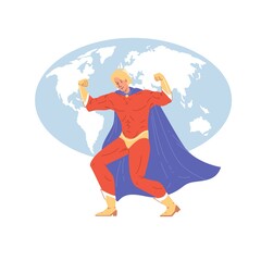 Vector cartoon flat superhero character in cape protecting humanity - web online site banner,mass pop culture,protection,aspiration,power,strength,confidence,responsibility social concept