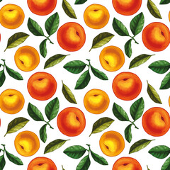 Seamless pattern design with hand drawn illustrations of peach and peaches leaves