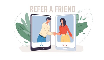 Cartoon flat characters get acquainted in refer a friend service.Happy young people shaking hands in mobile phone app-referral program,communication,friendship,web site banner ad,social media concept