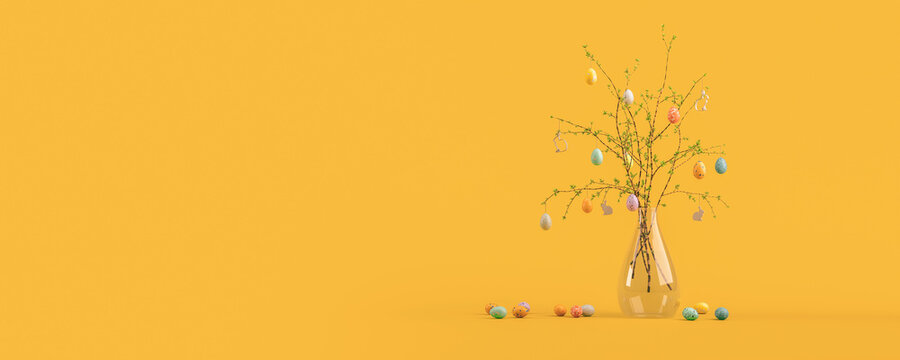 Bunter Osterstrauch oder Zweige in Glas Vase mit festlichem Osterschmuck und bunten Eiern zu Ostern steht dekorativ vor farbigen Hintergund mit viel Platz f&uuml;r werbung und Textraum als 3D Rendering