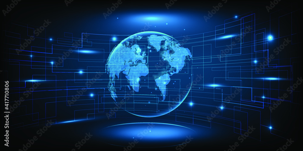 Poster digital communication system wire connecting network around the world.dark blue futuristic for techn