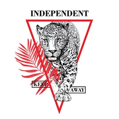 Foto op Plexiglas Sketch of a walking leopard with a red exotic palm leaf. Independent. Keep away  - lettering quote. Emblem, Hand drawn style print. Vector illustration. © Afishka