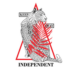 Sketch of a sit leopard with a red exotic palm leaf. Keep away. Independent - lettering quote. Emblem, Hand drawn style print. Vector illustration.