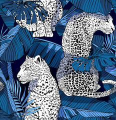 Seamless pattern. Sketch of a sit leopards in a blue exotic palm, banana, monstera leaves.  Textile composition, hand drawn style print. Vector illustration.