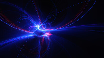 Abstract background, smooth blue and red lines on a black background.