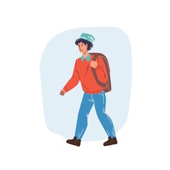 Cartoon flat boy character walks on abstract background.Young stylish teenager walking with backpack-web online banner design,social concept