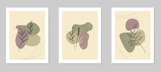 Floral wall art set. Botanical line art with abstract shapes.Vector illustration in a minimalistic style.