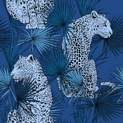 Seamless pattern. Sketch of a sit leopards in a blue exotic fan palm leaves.  Textile composition, hand drawn style print. Vector illustration.