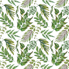 Hand drawn floral seamless pattern of green leaves on white background. Colored pencils. Perfect for your design.