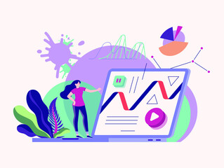 The woman creates a visual environment, website design, UI UX design, page structure. Visual creativity. Vector illustration