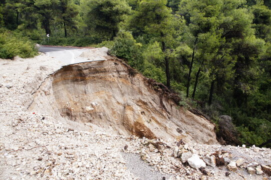 Landslide. Damaged roads and fallen rocks after a heavy storm on Skopelos island
