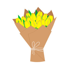Bouquet of yellow tulips in craft paper.