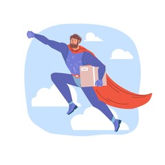 Fototapeta premium Vector cartoon flat superhero character in cape fly in sky with order package-super fast orders delivery,mass pop culture,speed,power,confidence,responsibility,web site banner design concept