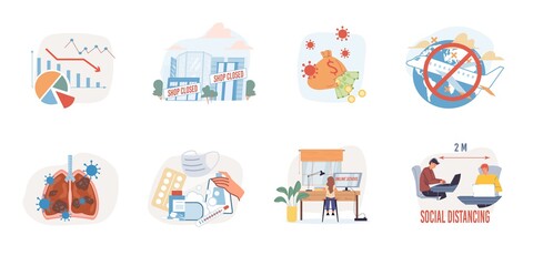 Set of vector cartoon flat illustrations shows coronavirus global impact,covid prevention measures concept-world economy stress,closed shops,flights restriction,personal hygiene,social distancing