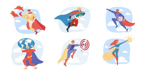 Vector cartoon flat superhero characters set representing different jobs professions-delivery service,business management,medical treatment etc-mass pop culture web site banner design concept