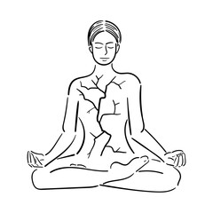 Girl meditates black contour isolated on white background, with cracks, kintsugi, stock vector illustration for design and decoration, print, template, banner