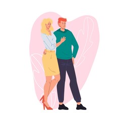 Vector cartoon flat characters couple,saint Valentine Day greeting card design.Young man woman in love hugs on heart background-February 14 postcard,web online banner decor-emotions,social concept