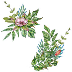 Hand drawn floral bouquets in colorful colors with abstract flowers and foliage