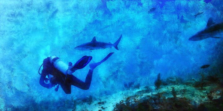 The scuba diver swims among the sharks. Close-up. Artistic work