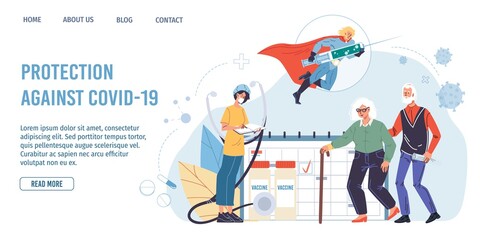 Vector cartoon flat superhero character carries coronavirus vaccine,doctor talk with elderly patient-covid prevention,protection,pandemic viral infection vaccination,medical landing page concept