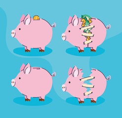 set of bank piggy on a blue background