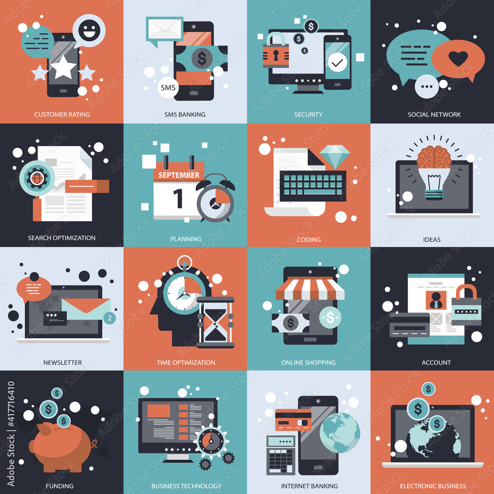 Wall mural business, technology and management icon set for websites and mobile applications. flat vector illus