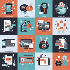 Business, technology and management icon set for websites and mobile applications. Flat vector illustration