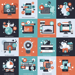 Business, technology and management icon set for websites and mobile applications. Flat vector illustration