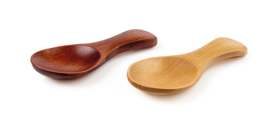 Side view of two small wooden spoons for tea or shugar isolated on white background. Dark and light empty spoons for food design. Beautiful eco-friendly tableware made of natural wood. Living green.