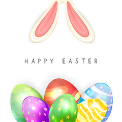 Colored Easter Eggs and Rabbit Ears on White Background
