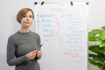 A young teacher or tutor, looking at the camera, conducts a video English lesson, presents the topic on a flipchart. Online education and distance learning concept