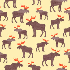 Seamless elk pattern. Vector watercolor moose silhouette background.