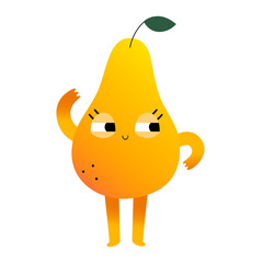 Cute sweet pear fruit character, kawaii cartoon fruit character with funny face expression, vector illustration isolated on white
