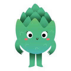 Fototapeta premium Cute artichoke character, healthy green vegetable mascot for kids, kawaii cartoon veggie character with funny face expression, vector illustration isolated