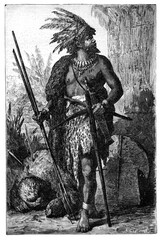 Fototapeta na wymiar Chieftain or tribal chief with killed gorilla. Congo. Culture and history of Central Africa. Vintage antique black and white illustration. 19th century.