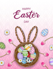 happy easter poster with colorful eggs in the nest and flowers