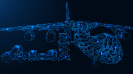 Loading the goods into the plane. Air cargo transportation. Polygonal construction. Blue background.
